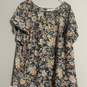 LOFT Black Floral Blouse with Orange and Yellow Accents EUC